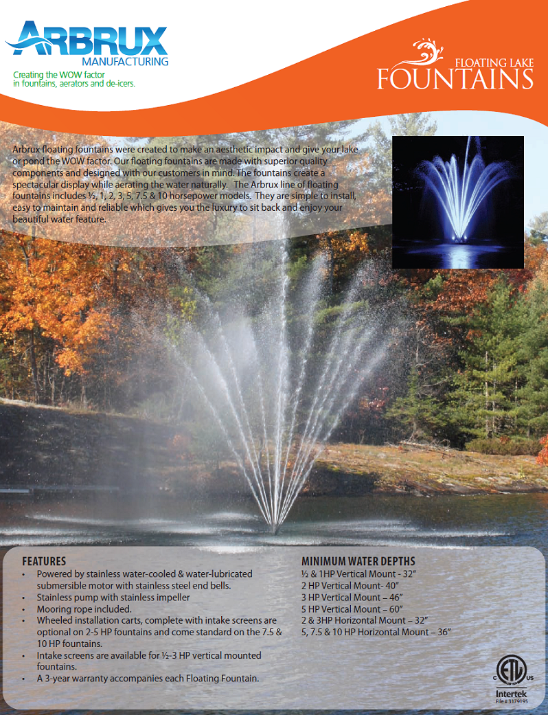 Arbrux Floating Fountains - Lake Management Floating Fountains Aeration Irrigation Pump Systems Dallas Fort Worth Texas